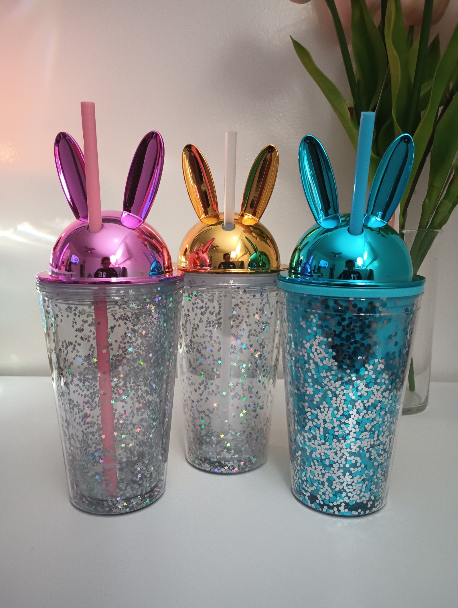 Easter Double Wall Bunny Plastic Cups With Lids and Straws Bundle Of 3.