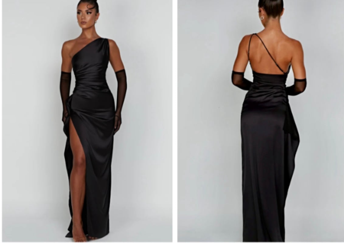 Women's One Shoulder Mermaid Satin Cocktail/Wedding/Prom Dress Black, Large, NWT
