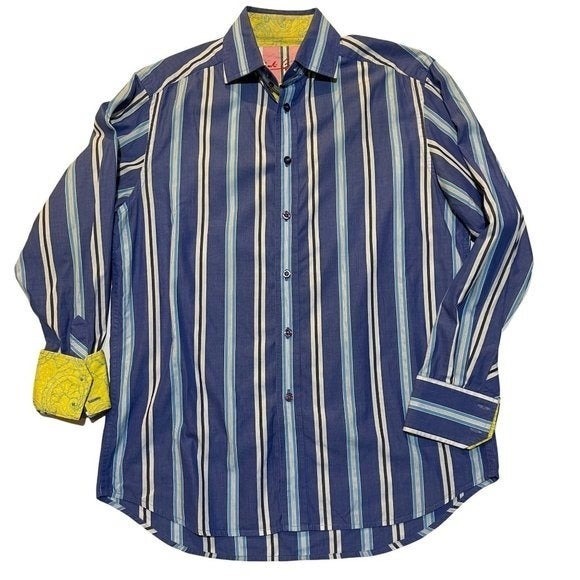 Robert Graham Mens Button Down Dress Shirt Size Medium Blue Yellow Striped