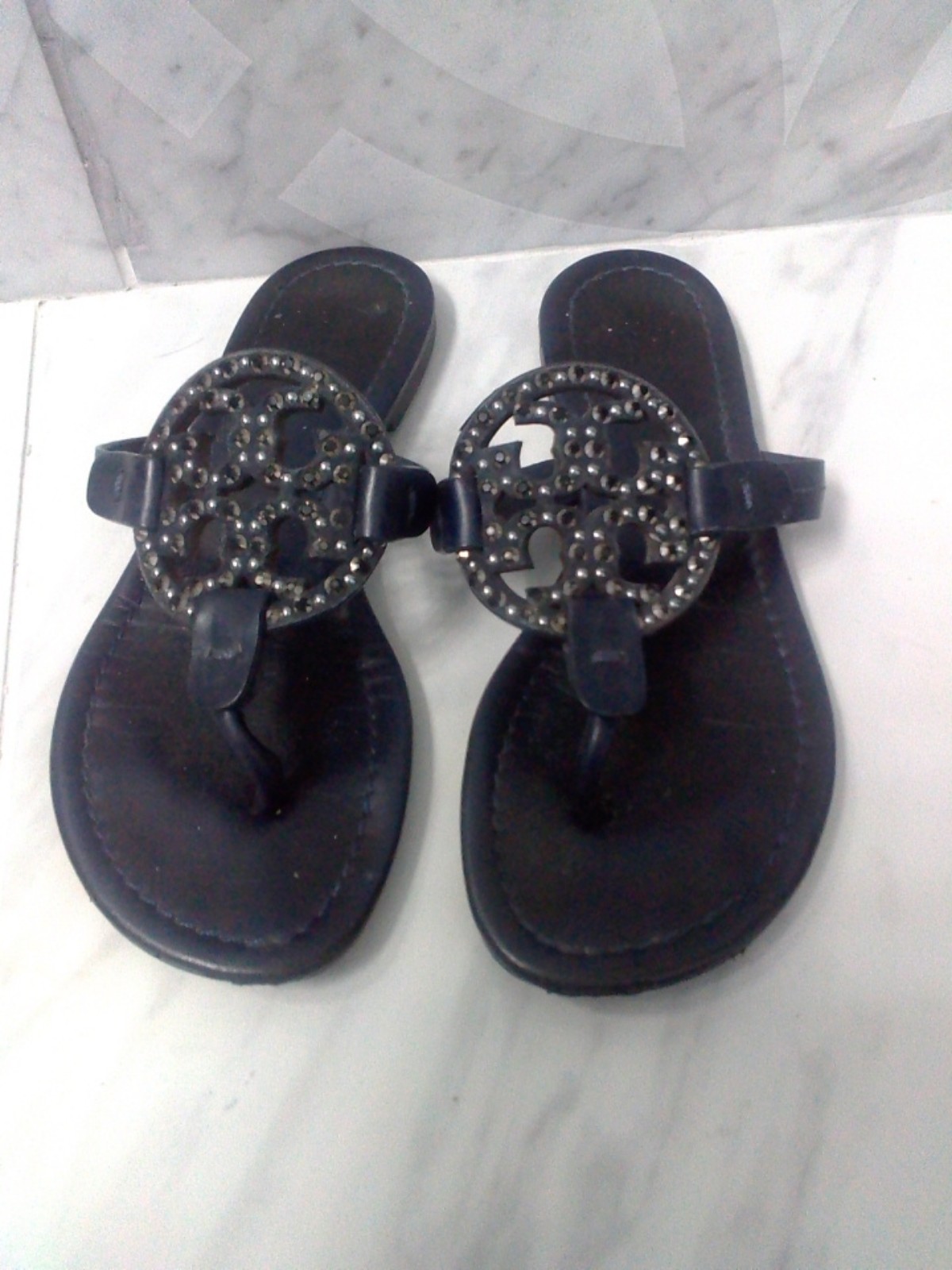 Tory Burch Miller Sandals navy blue with crystals and rhinestones 5.5