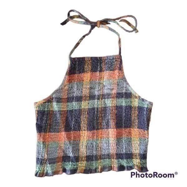 American Eagle Plaid Cropped Smocked Halter Top