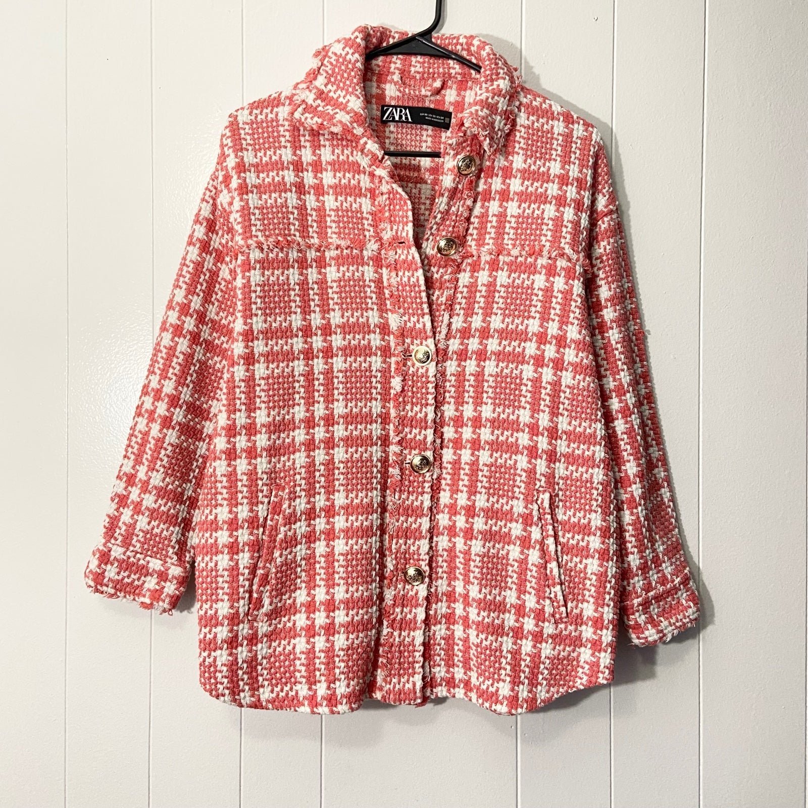 Zara pink and white plaid tweed jacket, size xsmall/ no belt