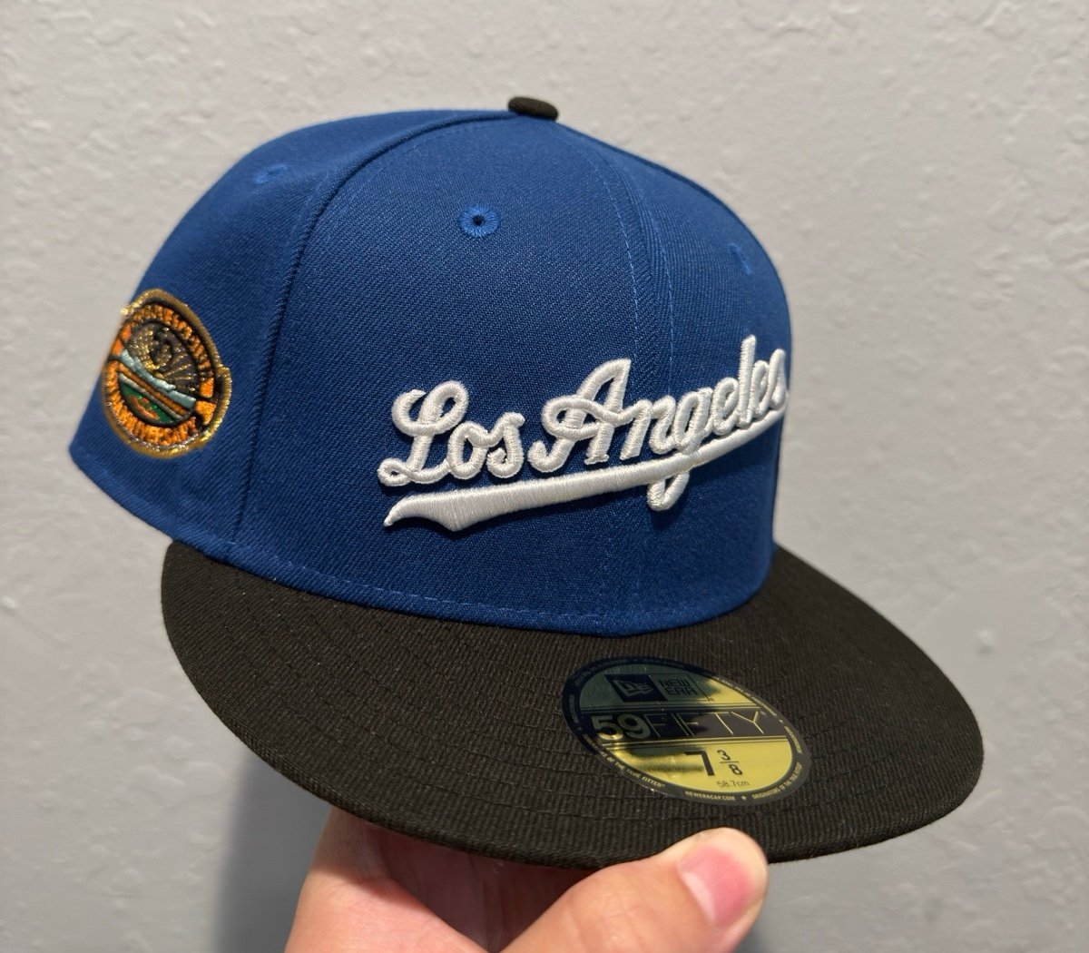 Hat Club Los Angeles Dodgers script 50th anniversary side patch 7 3/8