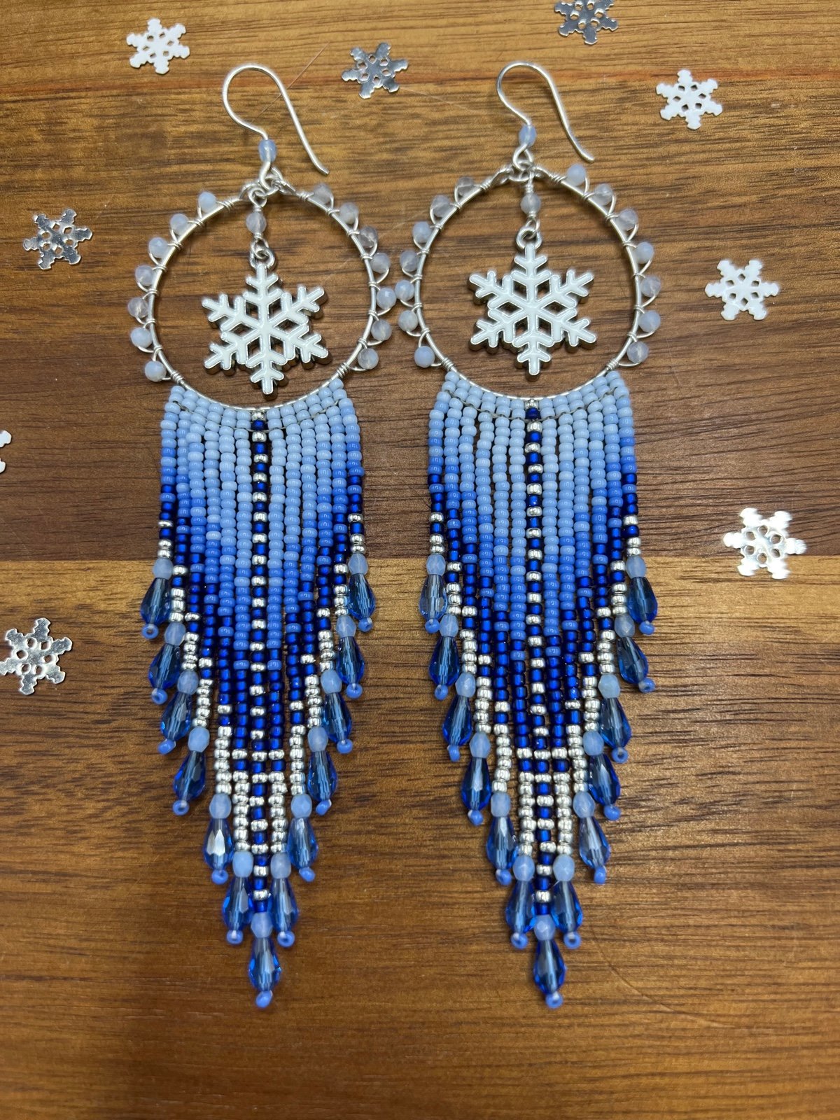 Blue ombré beaded fringe snowflake earrings with blue lace agate