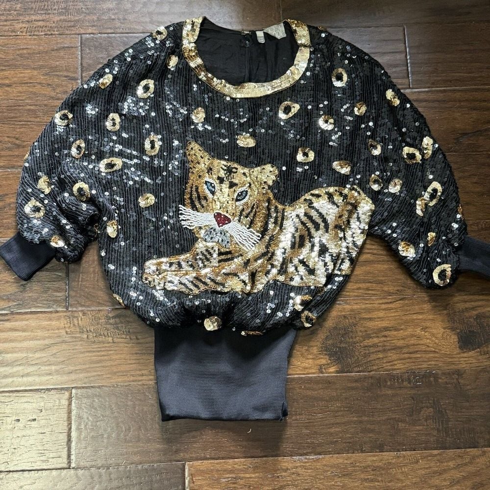 Vtg Sequin Tiger Micro Mini Dress Top 100% Silk 80s Disco Animal Print Mob Wife