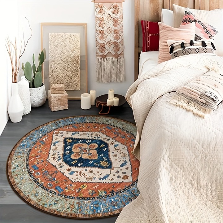 1pc Large Boho Tribal Round Rug, Vintage Persian Small Round-GFHNTFGH