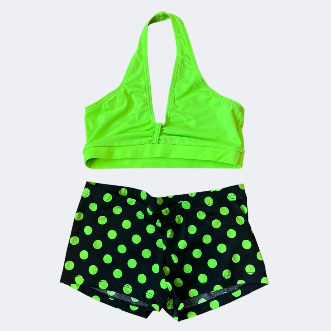 Balera Dancewear Neon Green Halter Top, Polka Dot Shorts Child L (14))