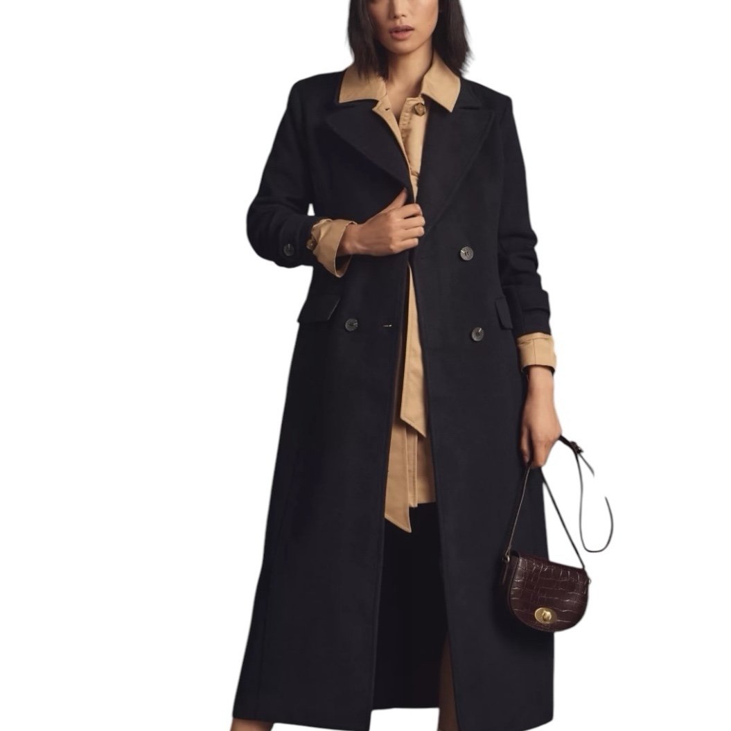 Long Black Double-Breasted Wool Coat Velvet Collar Size 10 Vintage Evan Picone