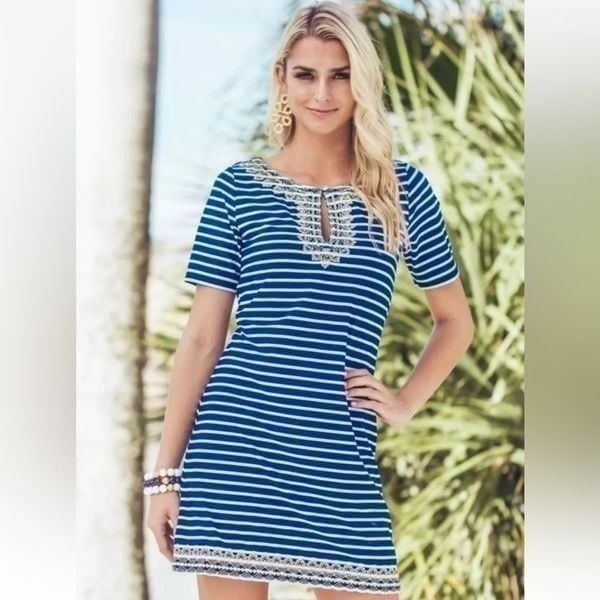 Cabana Life Blue & White Striped Dress/Cover Up w/Gold Embroidery UPF Large