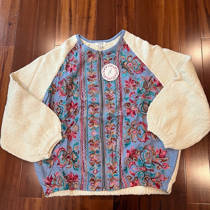 New NWT Umgee Blue Teddy Jacket Bomber Embroidered Boho Sweater Knit Size Medium