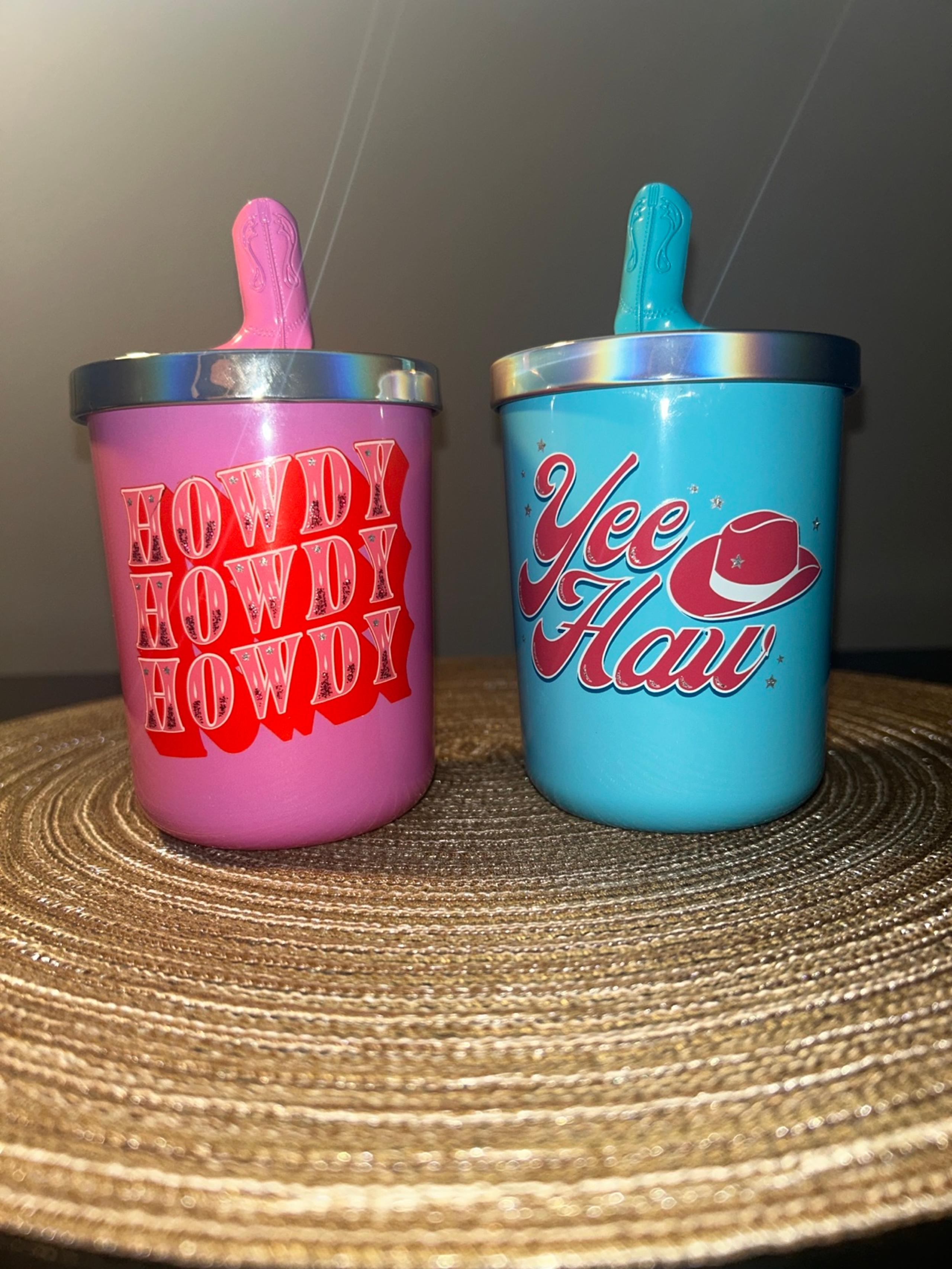DW Home Pink HOWDY & Turquoise YE HAW Scented Cowgirl Cowboy Candle W/ Boot lid