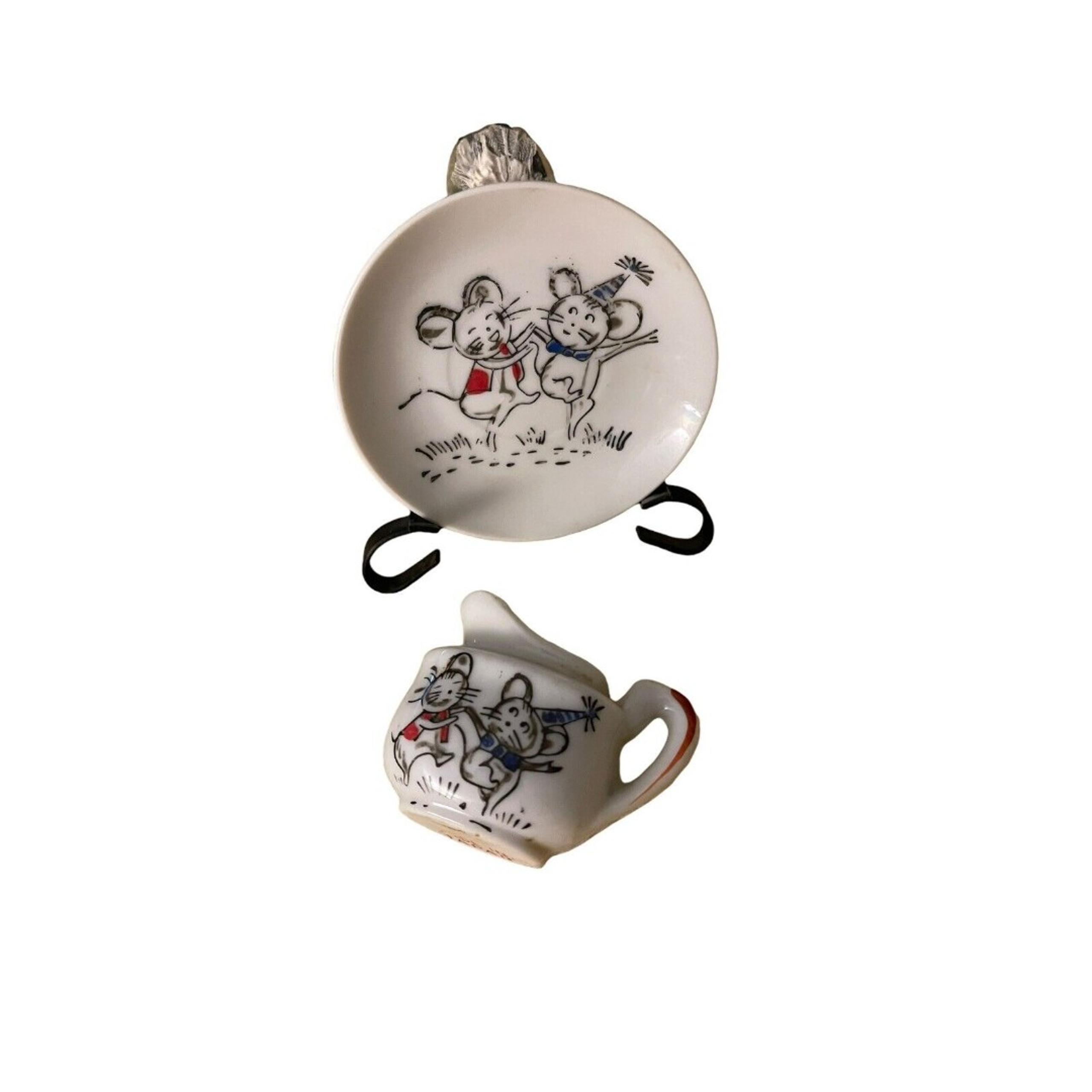 Vintage Japan Miniature Teapot Tea Pot Creamer Sugar Porcelain Birthday Mice