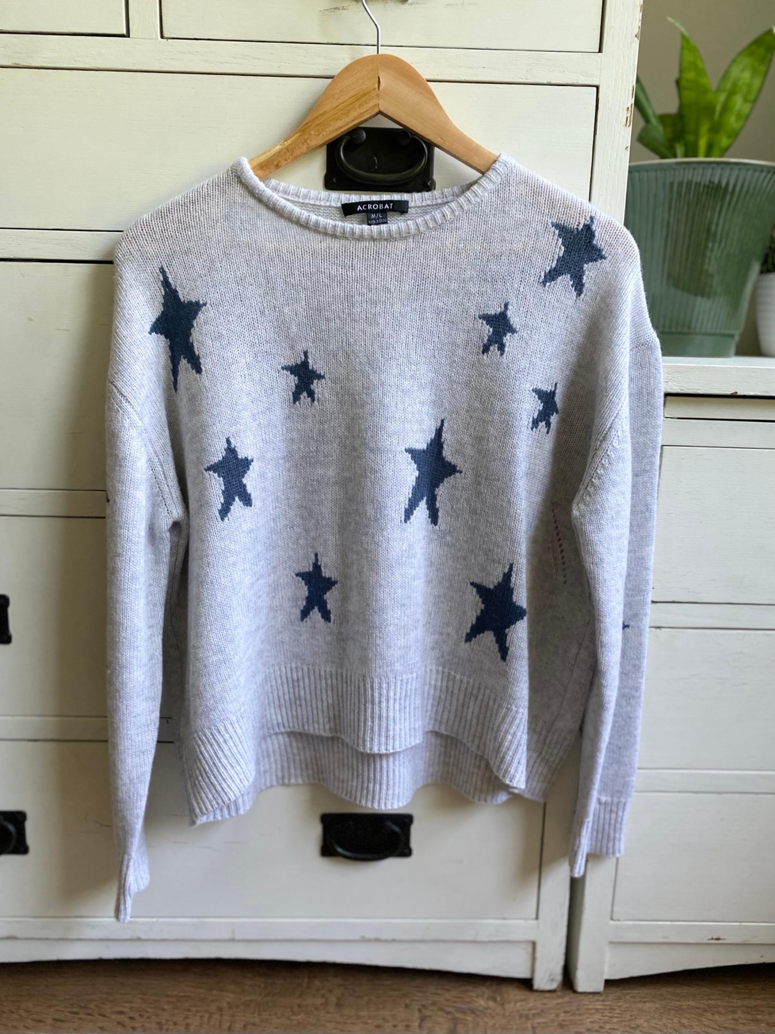 Acrobat Heather Gray Navy Star Wool Cashmere Blend Lightweight Sweater Size M/L