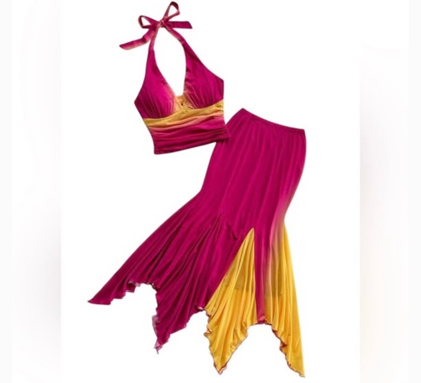 Elegant Pink and Yellow Women's Skirt Set