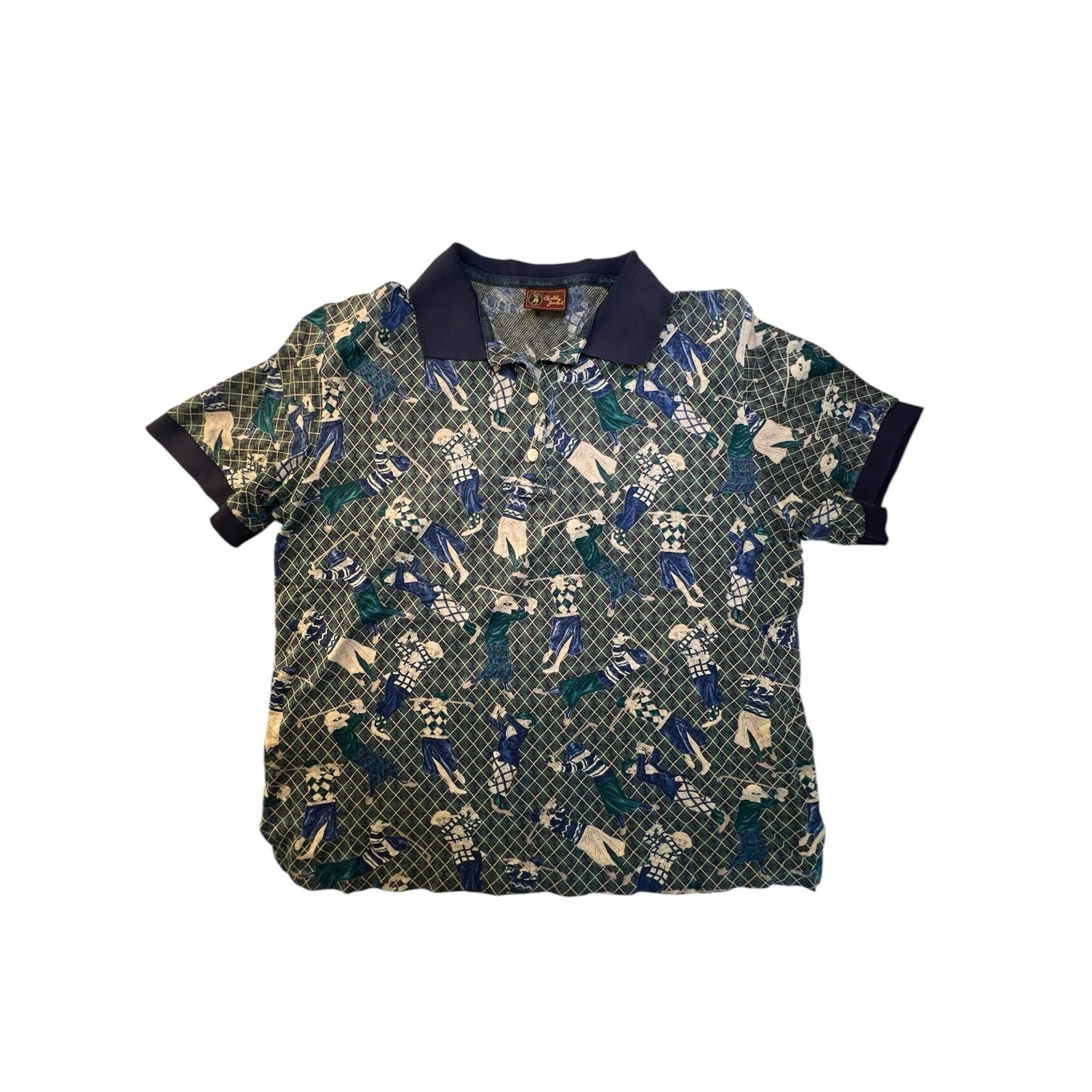 Vintage BOBBY JONES Woman Golfer Navy 100% Cotton Golf Polo Italy Printed Shirt