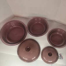 Vision Ware Pyrex 5 Piece Set Cranberry Colored Ribbed Casserole Bakeware, Clean