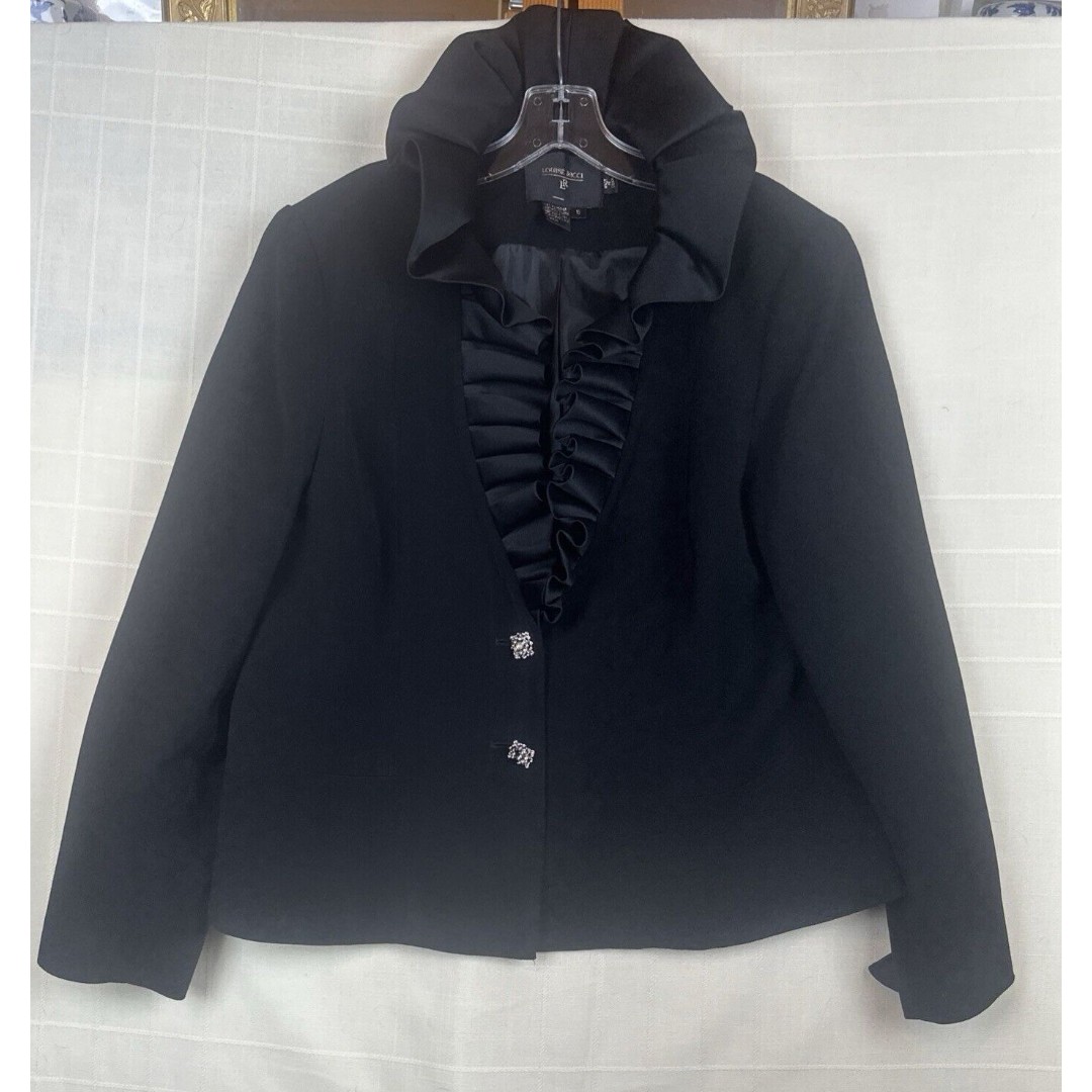Louise Ricci Formal Black Jacket Satin Ruffled Collar Classic Cocktail Party 16