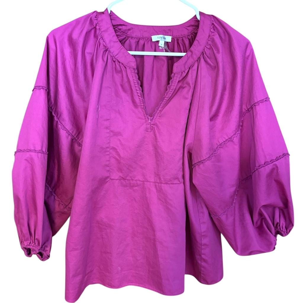 Tyler Boe Pink Magenta Puffy Sleeve Blouse Round Keyhole neckline Cropped Size S