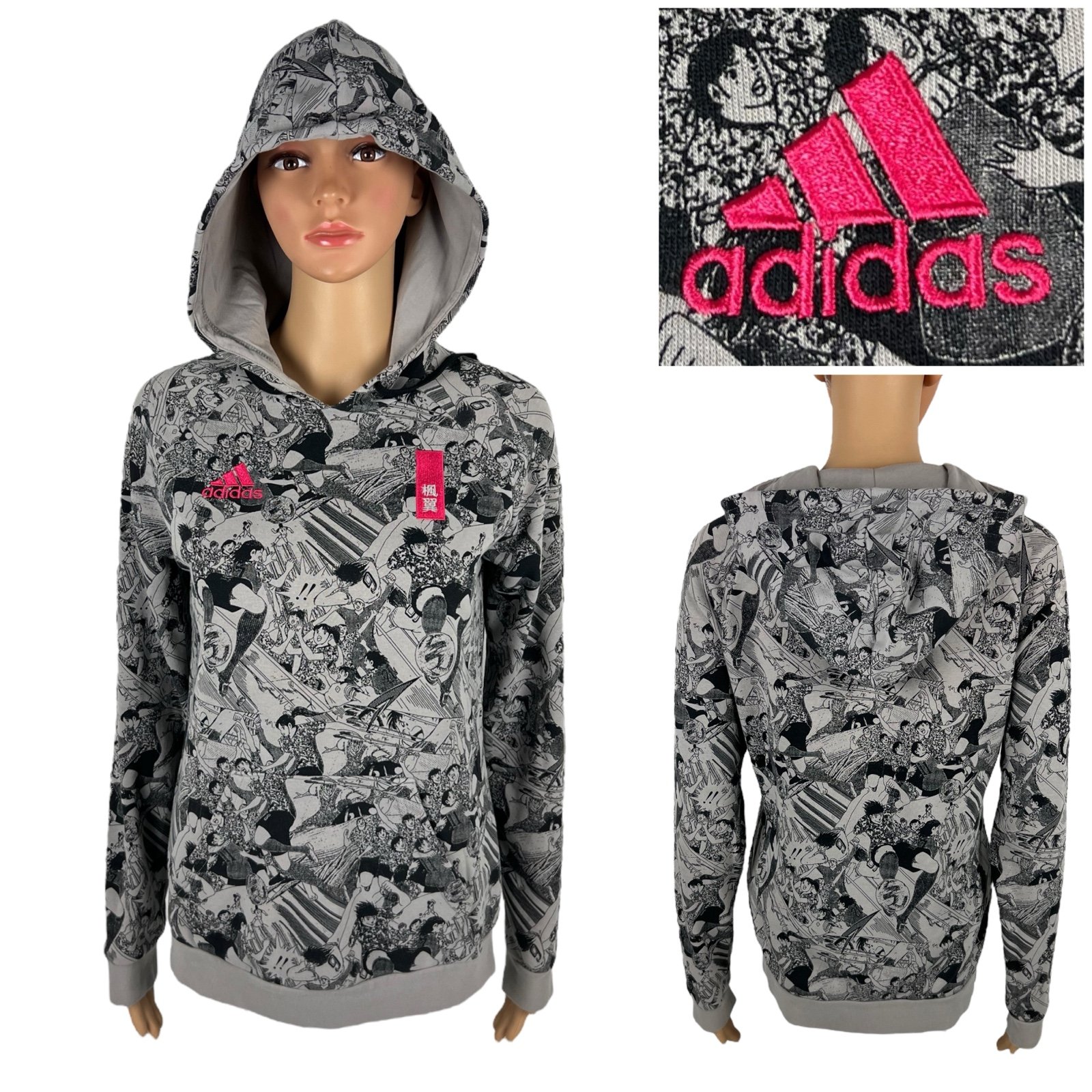 Adidas CAPTAIN TSUBASA Womens Small Hoodie Sweatshirt Gray Comic Print Cotton