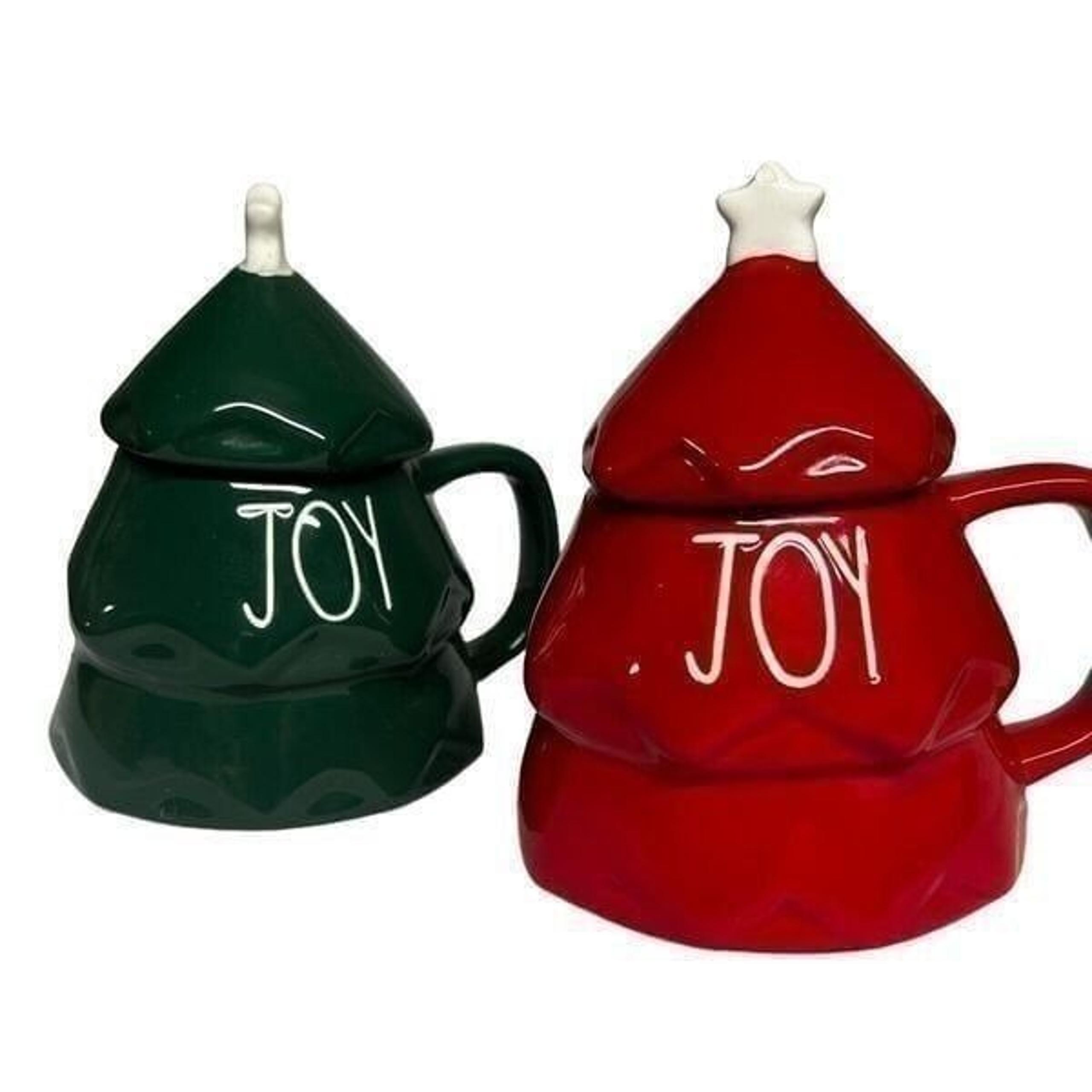 Rae Dunn JOY Red and Green Christmas Tree Mug With Tree Topper/Lid