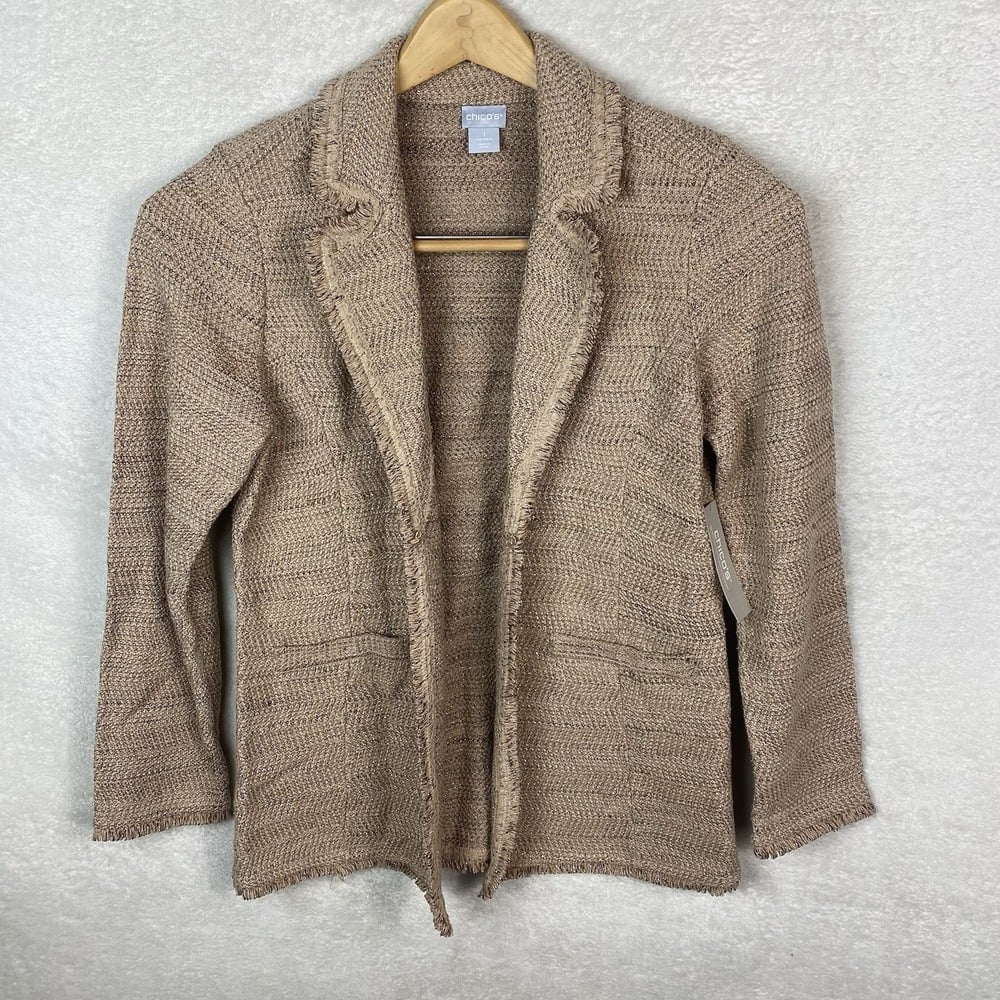 NWT Chicos Tan Metallic Fringe Tweed Sweater Cardigan Blazer Size 1/M Career