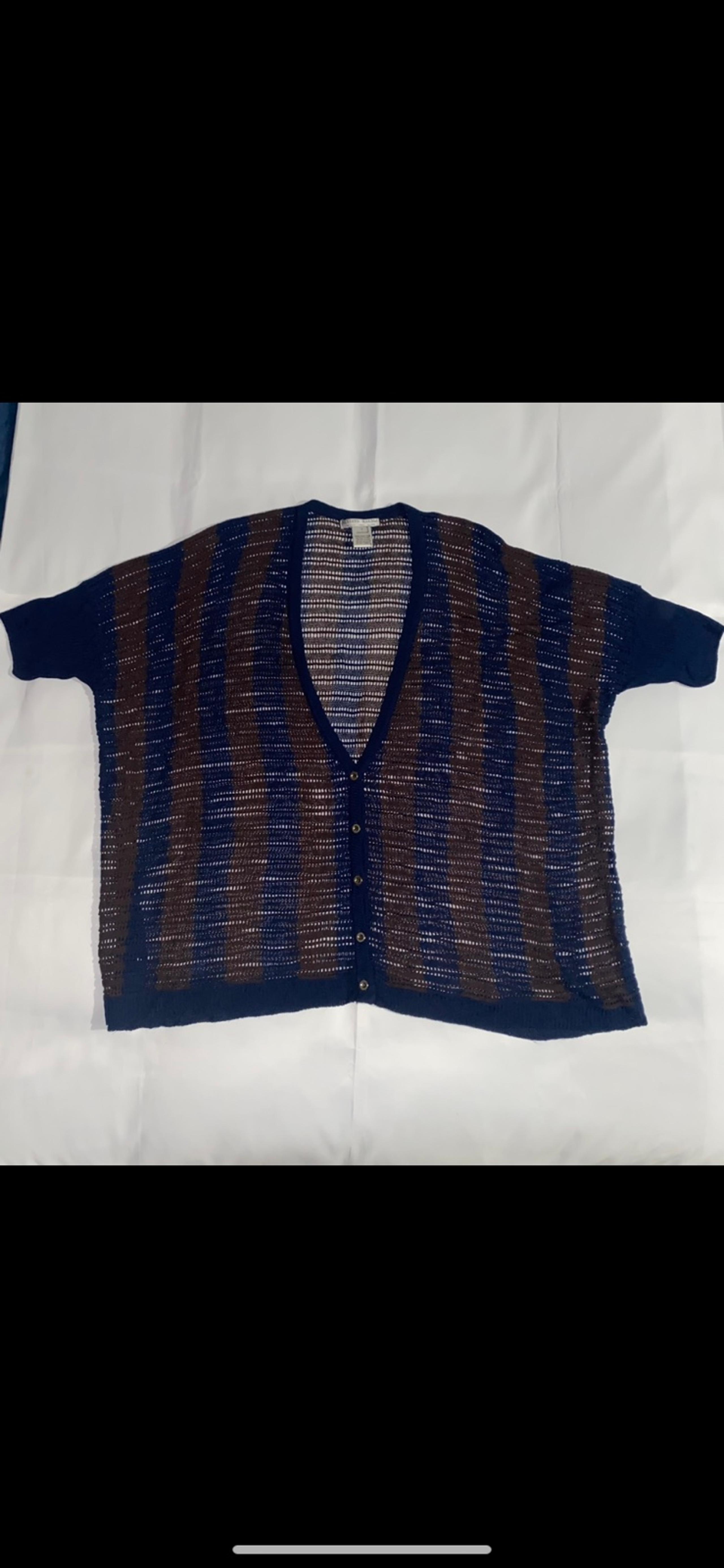 Alberto Makali Crochet Knitted Striped Button Down Navy & Brown Short Sleeve