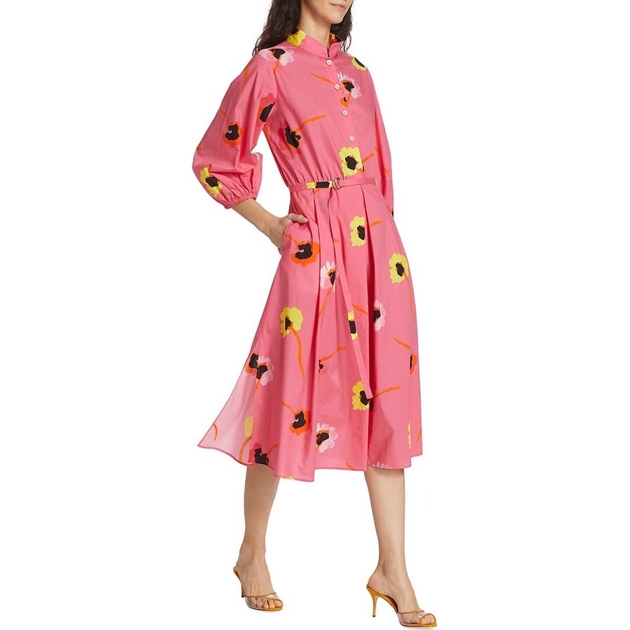 Piazza Sempione Milano Pink Floral Poplin Midi Dress Women's IT 48 US 12 Belted