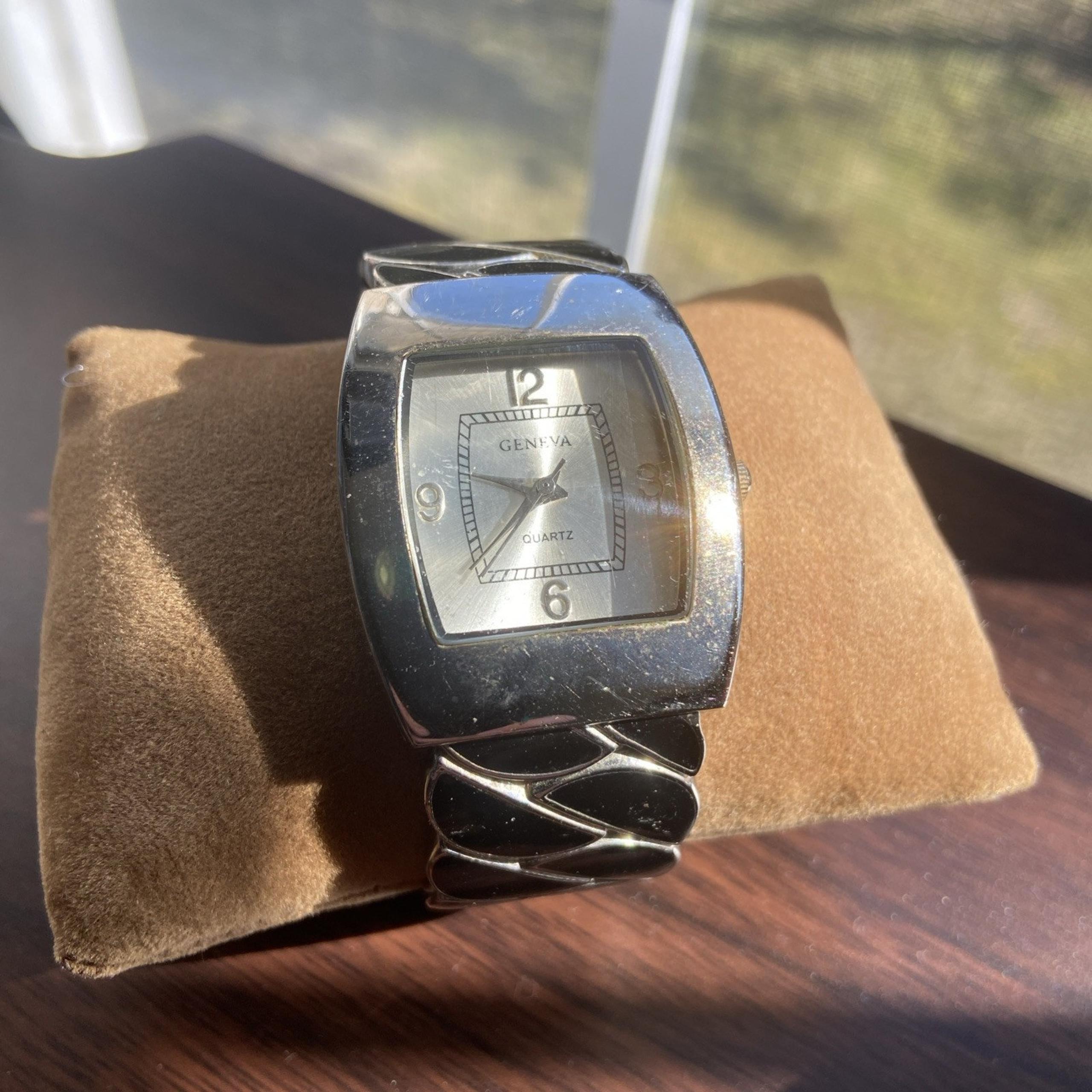 Geneva Women’s Watch Black Bangle Bracelet Cuff Silver Tone Quartz - New Battery