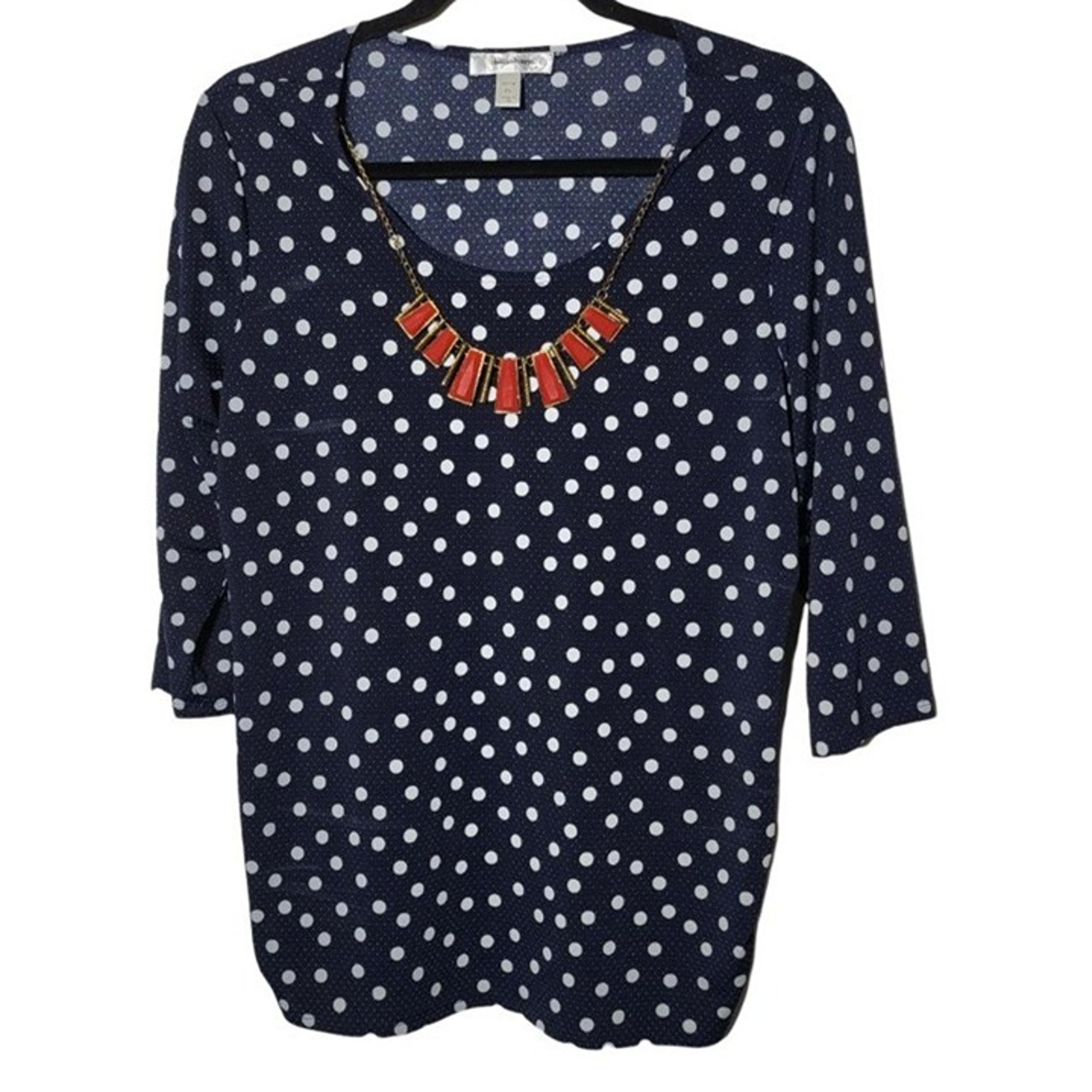 Dressbarn Womens Polka-Dot Ruched Blouse Detachable Necklace Size Petite Large