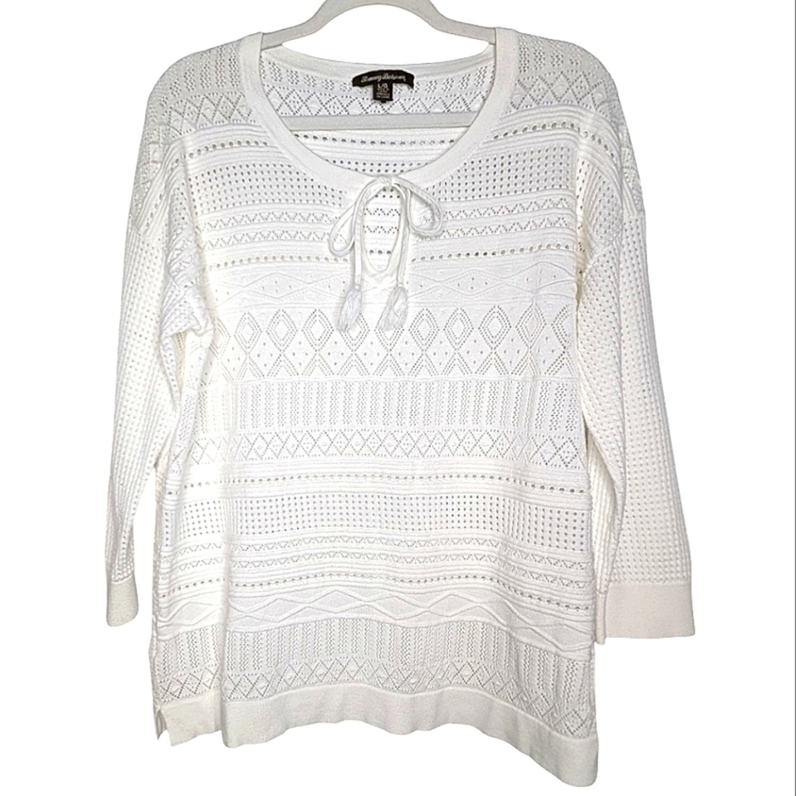 Tommy Bahama White Open Weave Tie Neck 3/4 Sleeve Scoop Neck Sweater Large