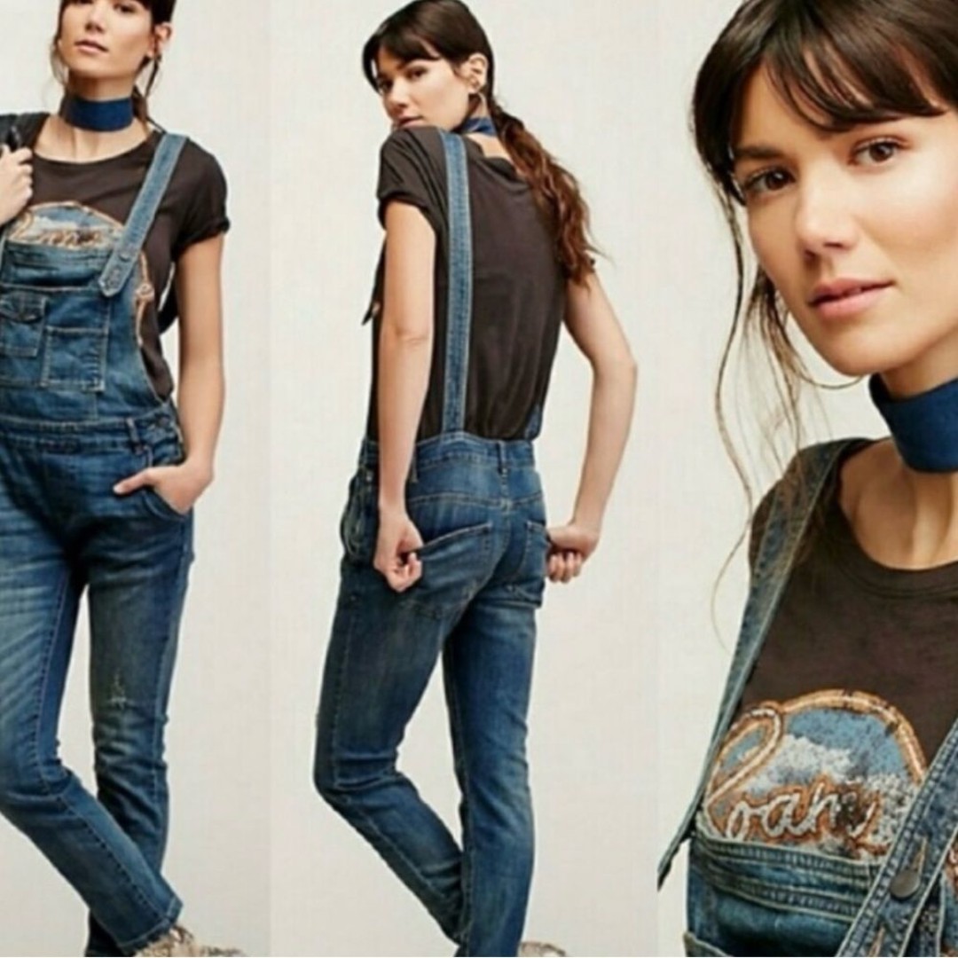 Free People Dark Wash Distressed Bib Overalls size 26