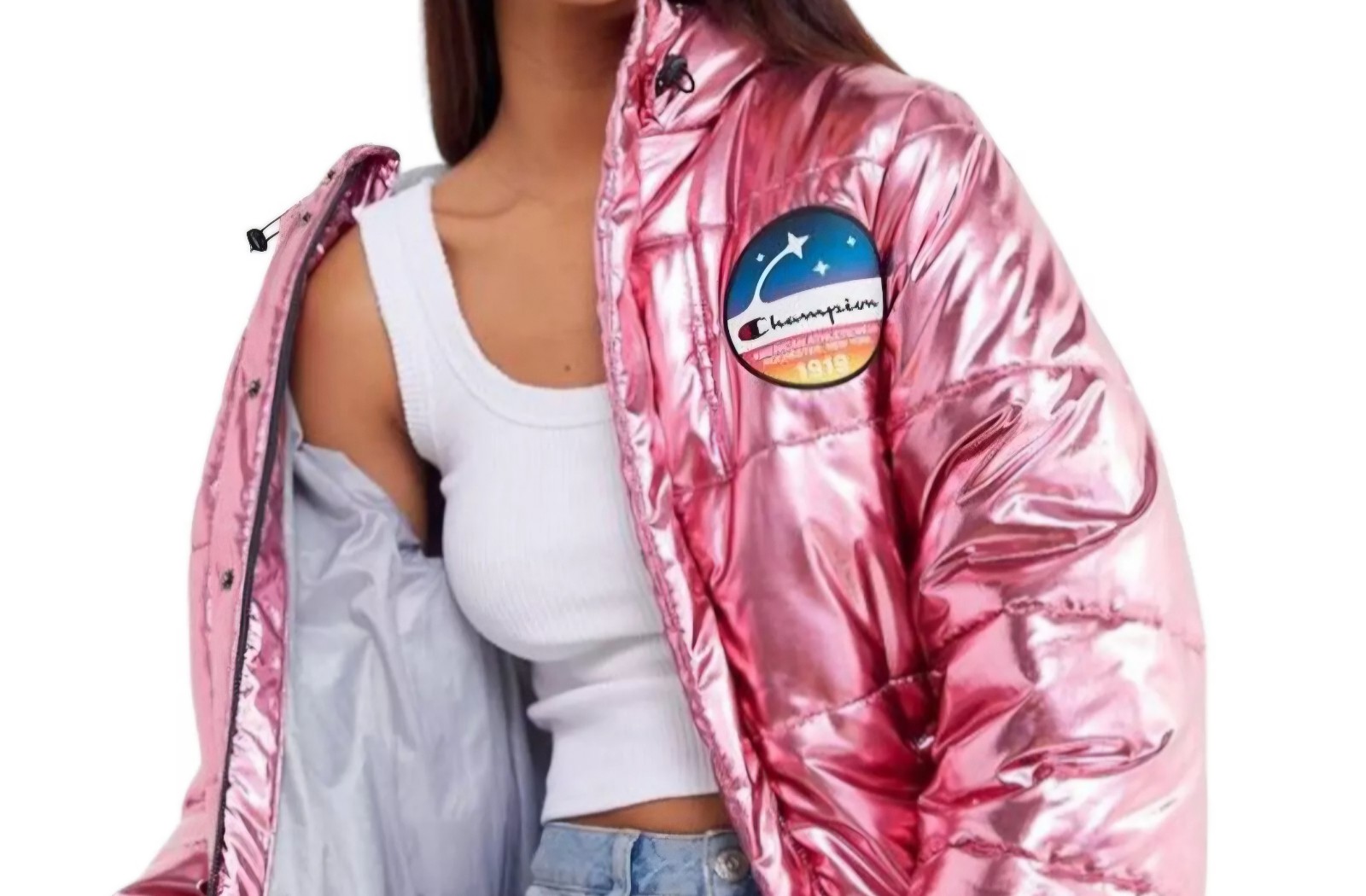 Champion x NASA Womens Pink Metallic Puffer Jacket Coat Size L Limited Edition