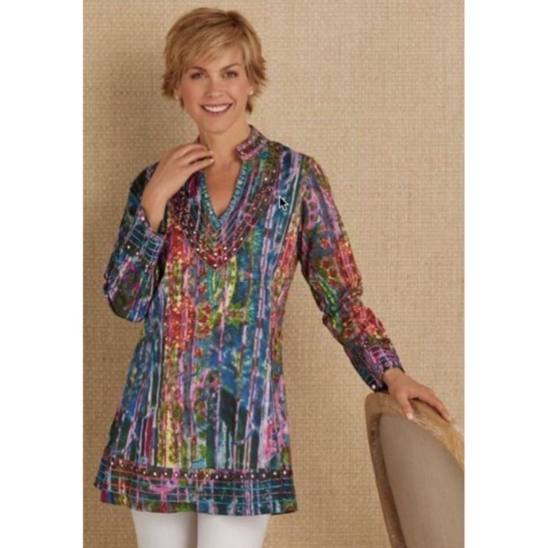 SOFT SURROUNDINGS Long Sleeve Mosaic Batik Embellished Tunic Top S