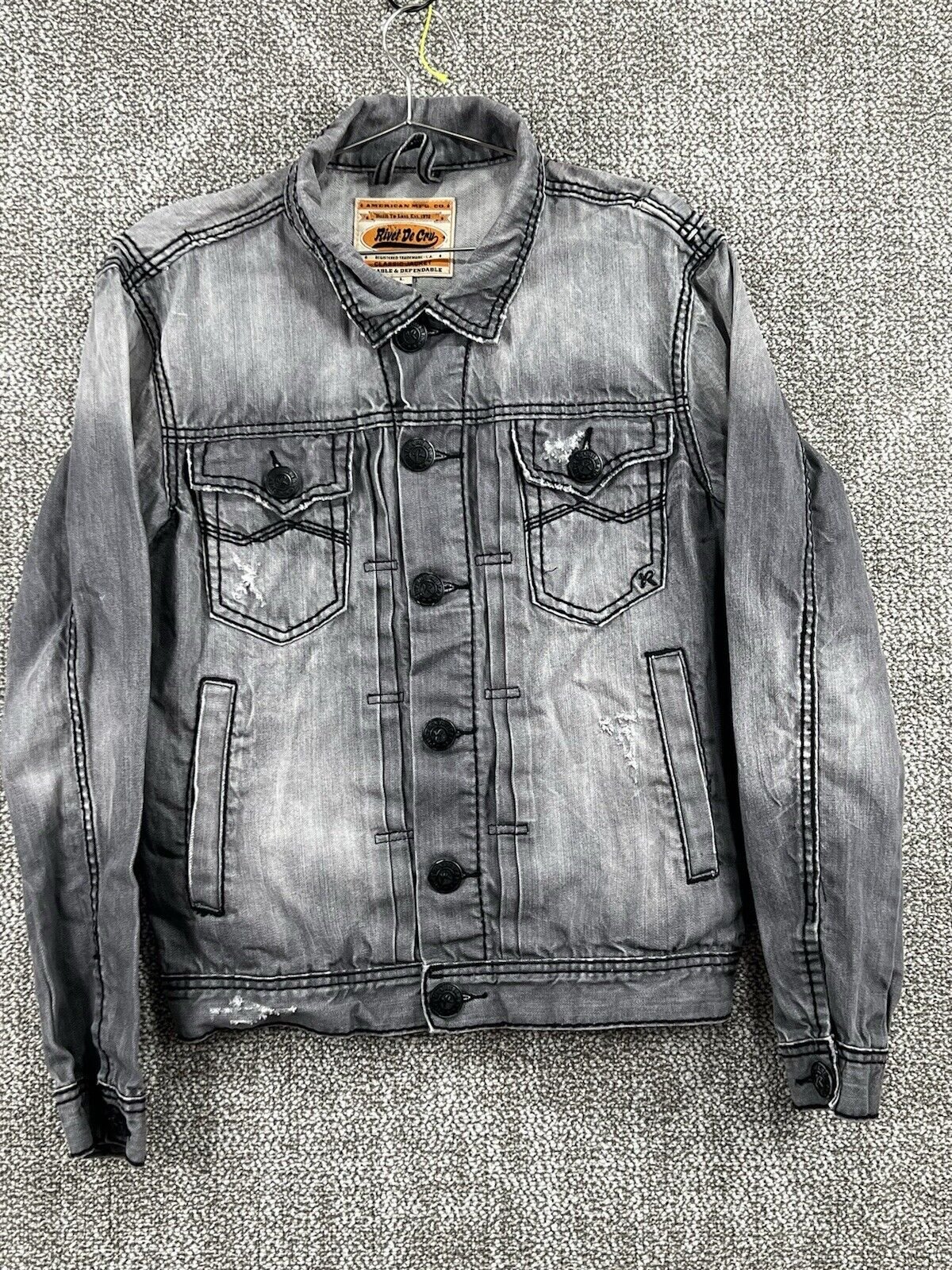 Rivet De Cru Denim Jean Trucker Jacket Sz Large Tiger Patched Biker Gray Work