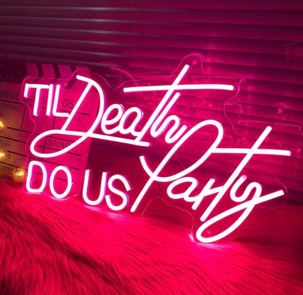 Bright Pink “Til Death Do Us Party” Large LED Light Wall Sign Decoration