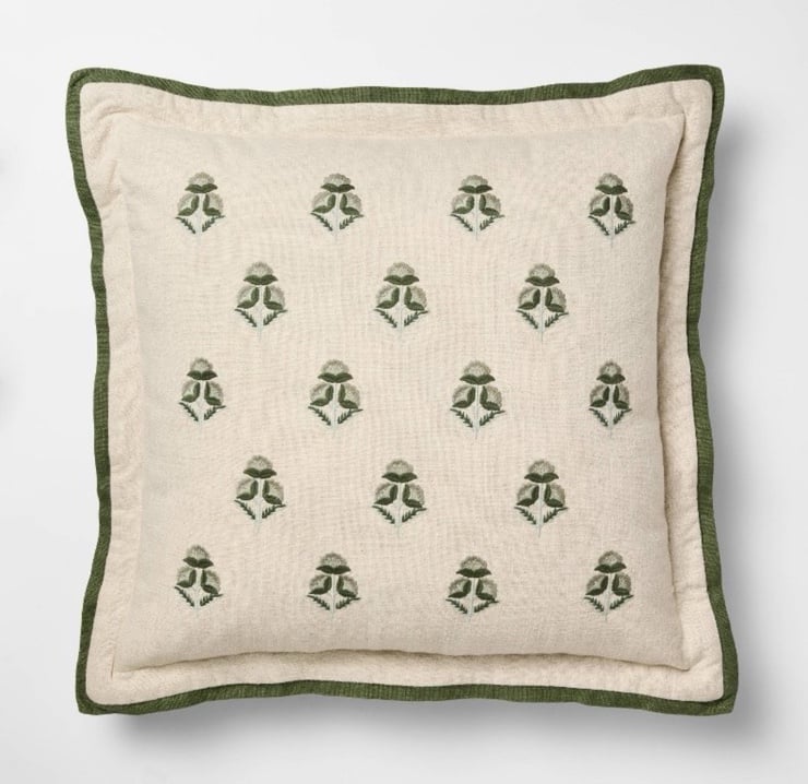 Square Embroidered Floral with Flange Pillow Natural/Green - Threshold