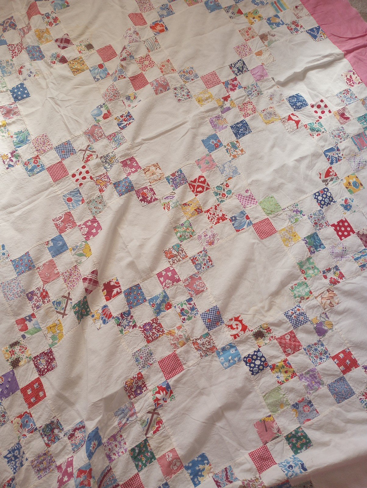 Vintage 1940s Postage Stamp Quilt Top Bright Fabrics Pink Border 84x68