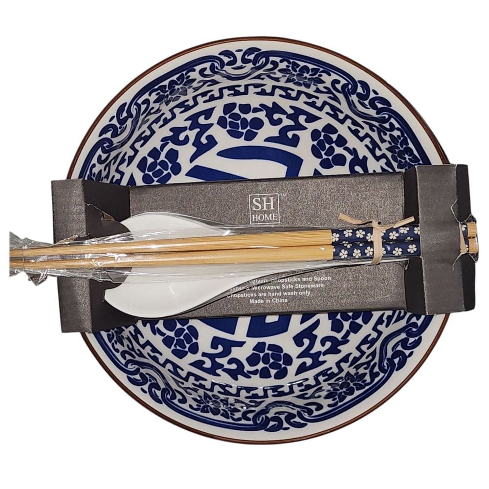 SH Home Set of 2 Blue Asian Ceramic Ramen Bowl With 4 Chopstick And 2 Spoon 54oz