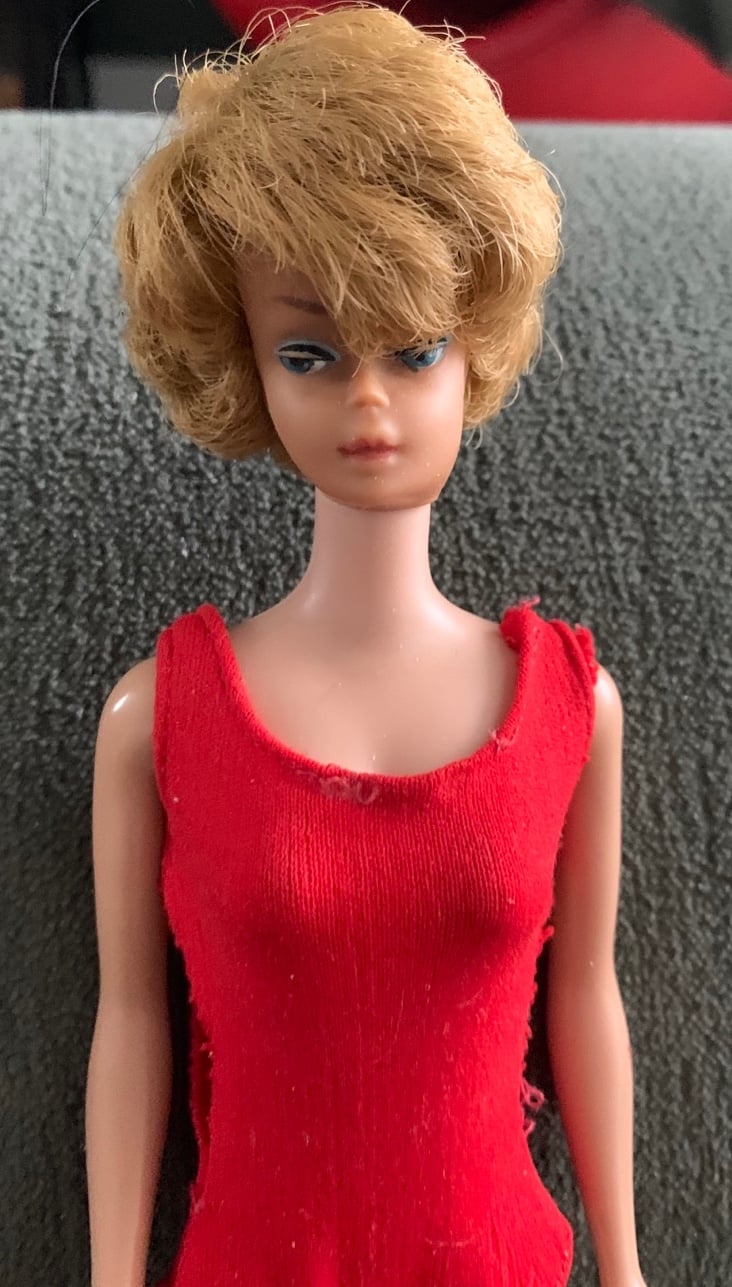 1964 side part Bubble cut Barbie in original suit.
