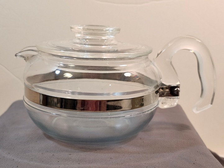 Vintage Pyrex Flameware 6 Cup Clear Glass Coffee Pot & Lid Stainless Steel Band