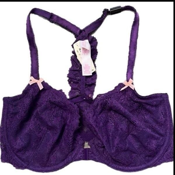 Victorias Secret Dream Angels Unlined Demi Racerback Lace bra Purple 34DD