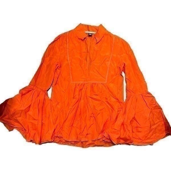 Roberto Cavalier Class Shirt Women’s 8 Orange Silk Blend Blouse Flounce Sleeve