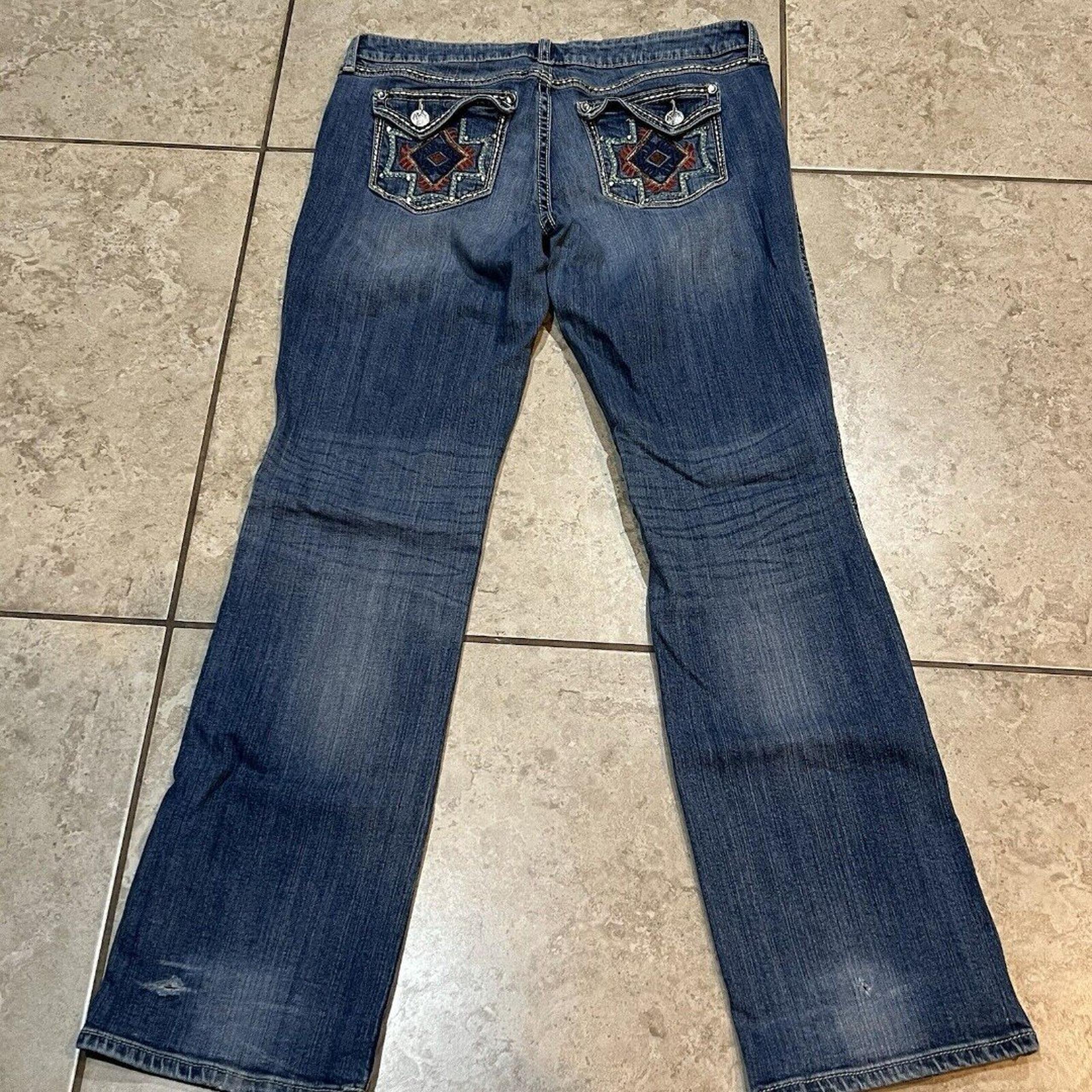 Rock 47 Wrangler Women’s 13/36 (36x34)  Aztec Cross Pocket Rhinestone Blue Jeans
