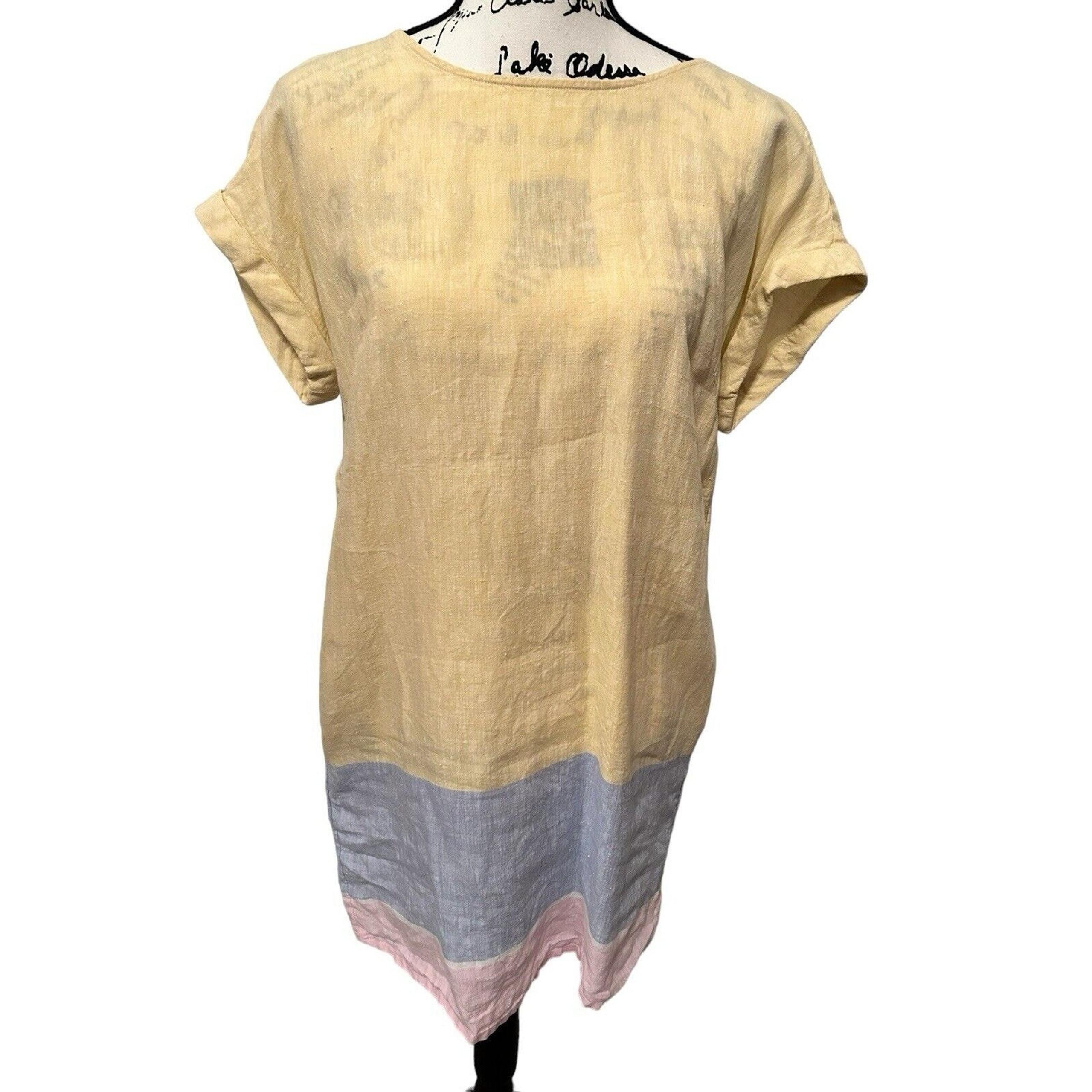 C&C California Yellow Blue Pink 100% linen Knee Length dress. Size M