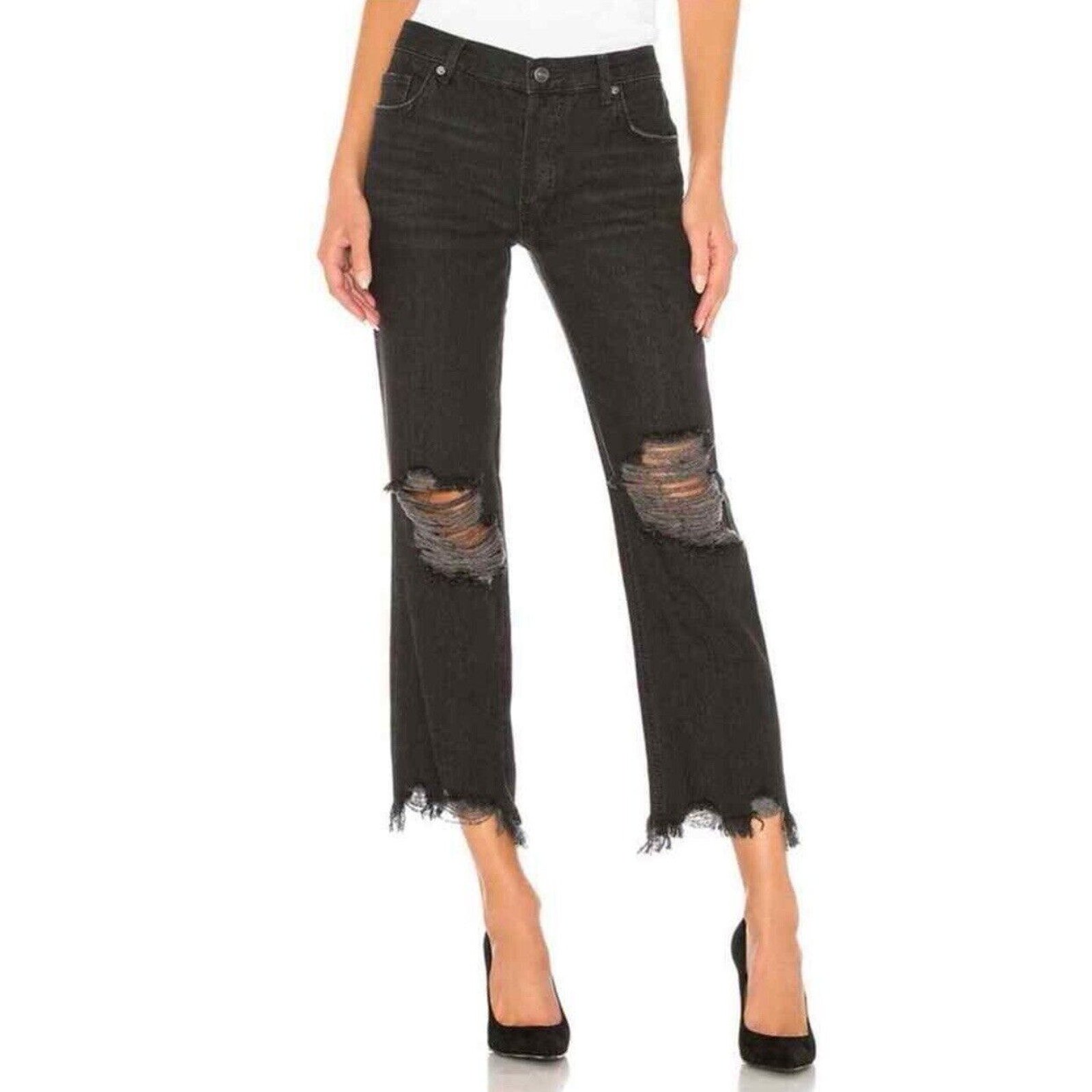 FREE PEOPLE Maggie Mid Rise Straight -Leg Jeans In Washed Black SIZE 27