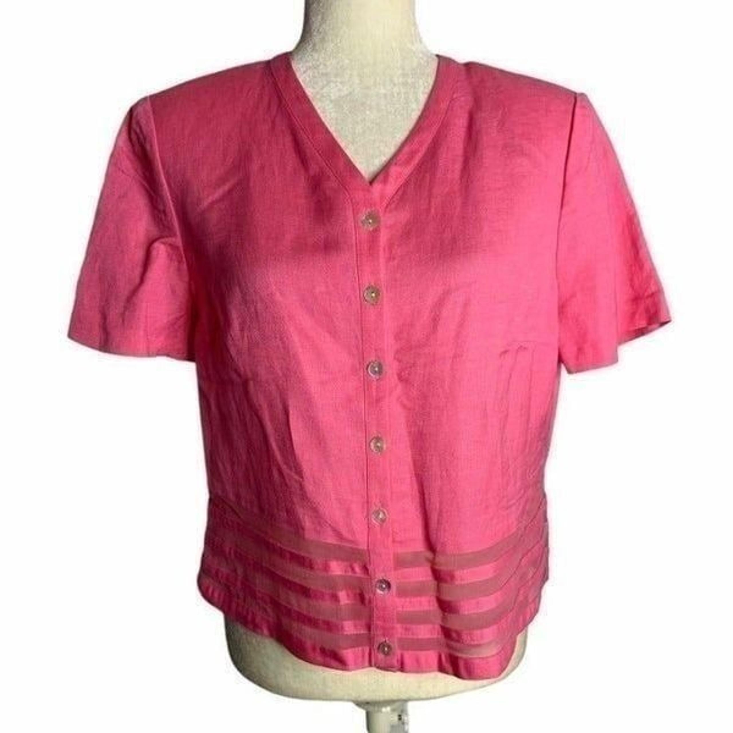 Vintage Linen Silk Button Down Top M Pink V Neck Shoulder Pads Short Sleeves