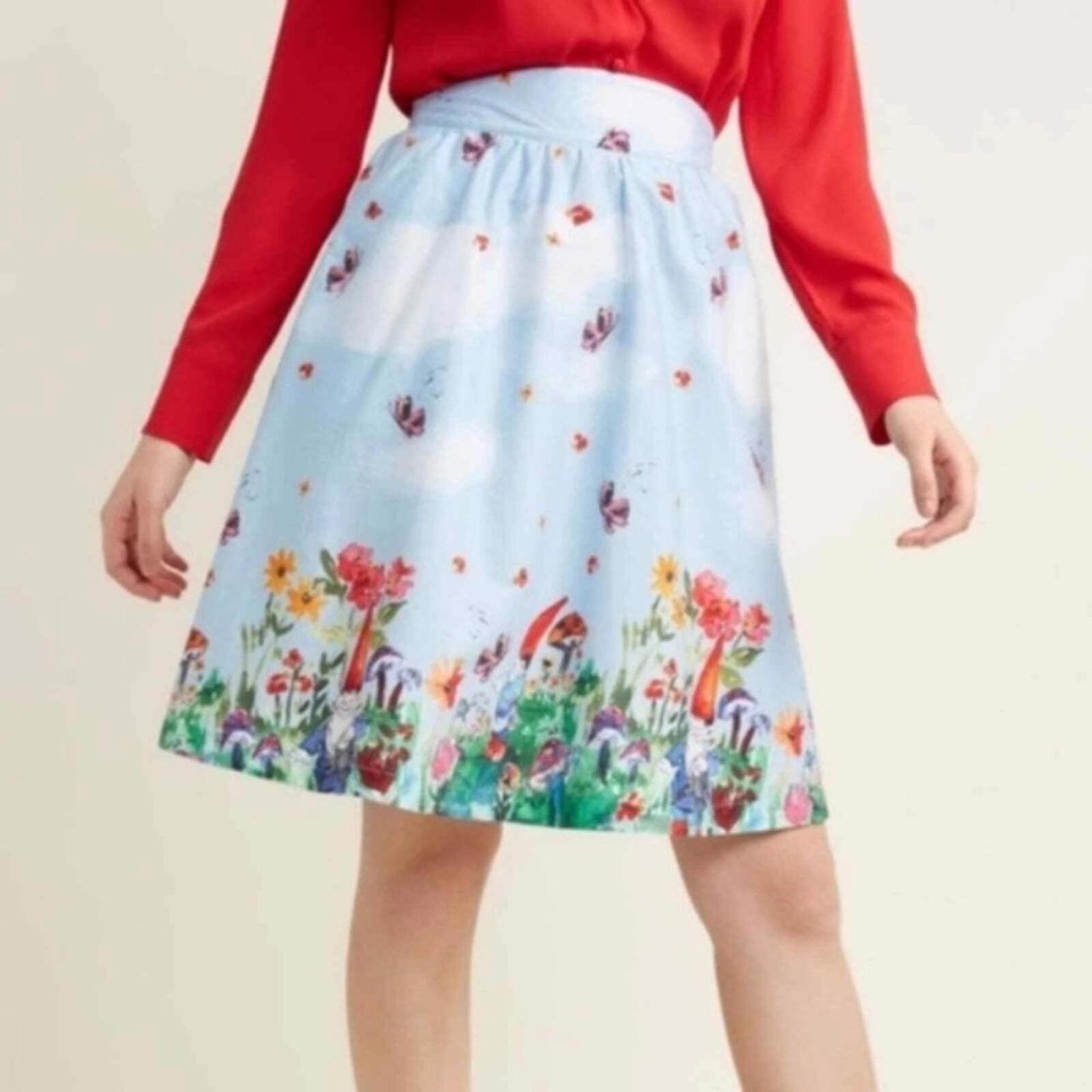 Modcloth Gnomes A Line Skirt US Women's Size Small Whimsical Fairy Floral Mini