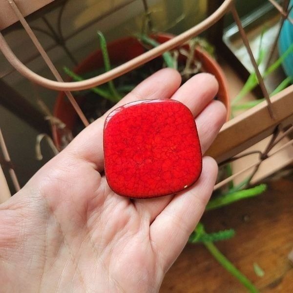 Vintage 1960s Modernist Brondsted Danmark Handmade Red Ceramic Square Brooch Pin