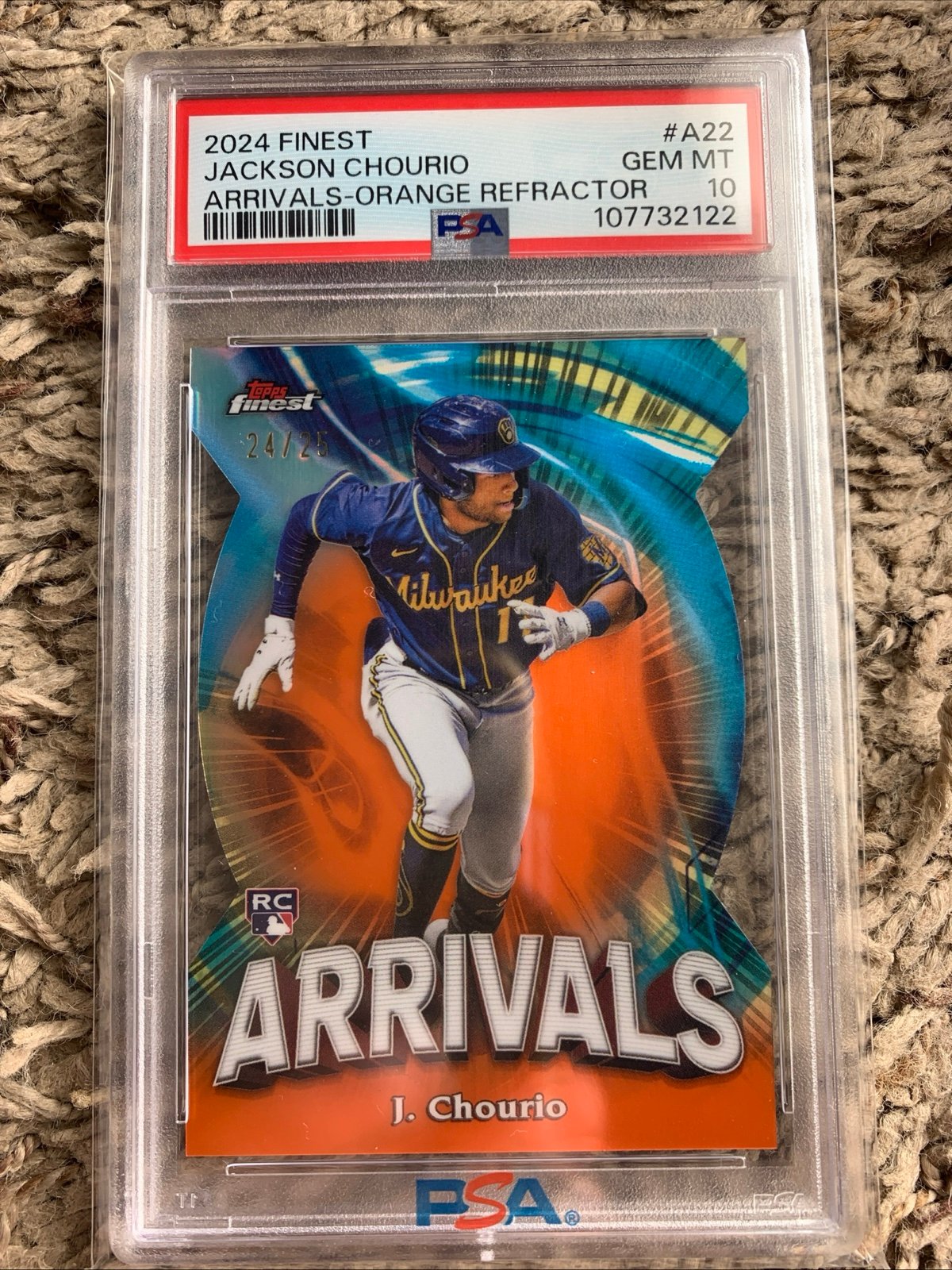 jackson chourio 2024 topps finest arrivals orange refractor rc /25 psa 10 pop 5