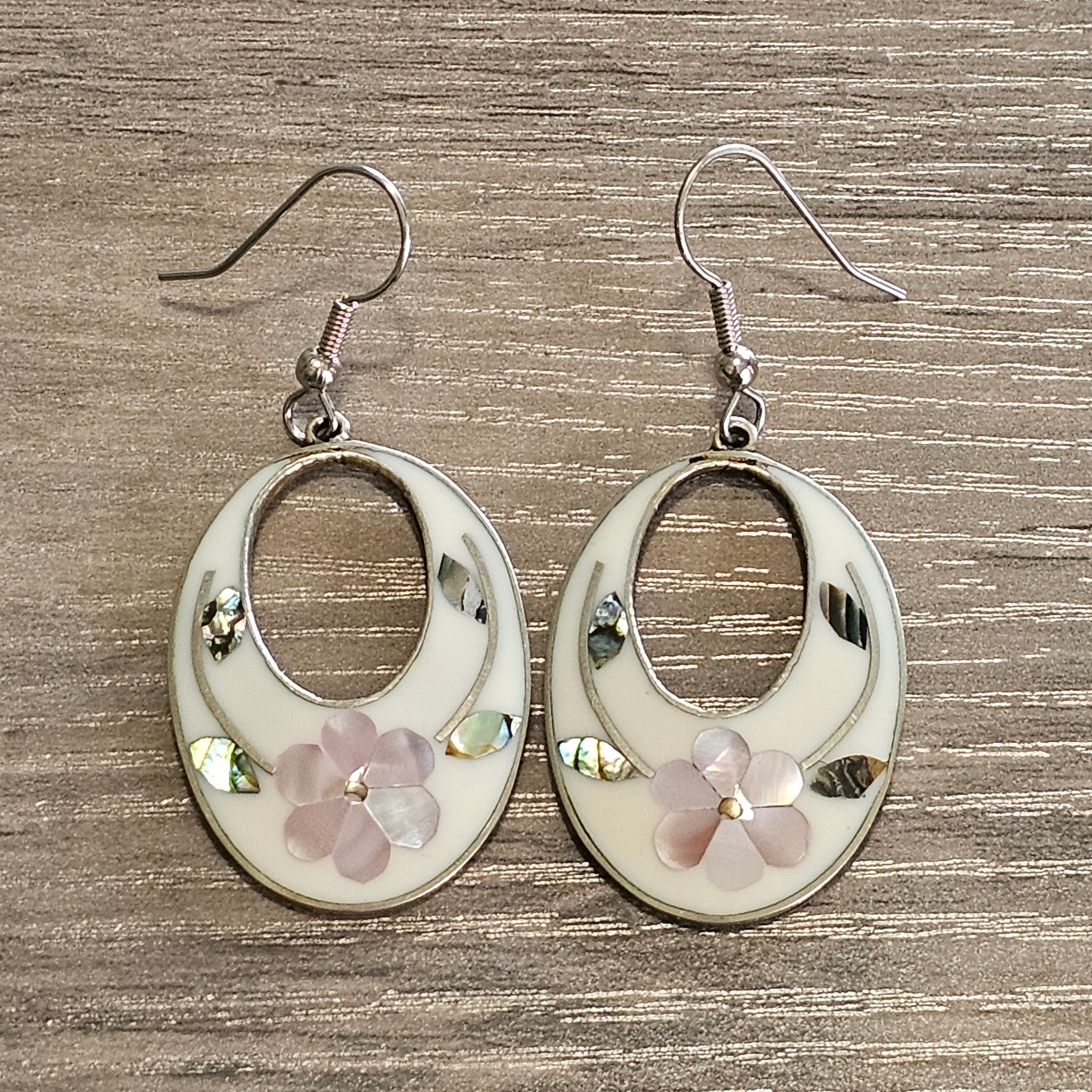 Vintage Alpaca Silver & White Oval Dangle Earrings with Mother of Pearl Flowers